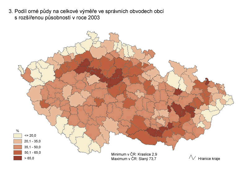 Kartogram 3. Podíl orné půdy na celkové výměře v roce 2003
